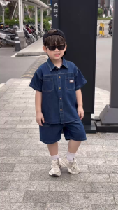 Set bộ sơ mi denim cho bé trai áo sơ mi phối túi kèm quần short size 9kg đến 28kg BERNIE T0126B13Đ