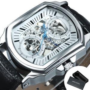 WINNER Business Mens Watches Top Brand Luxury Skeleton Automatic Mechanical Watch for Men Blue Pointers Black Leather Strap New