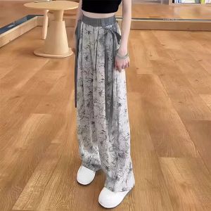 WANGGONGZHU | High Waist Draped Ice Silk Wide Leg Pants Womens Spring Summer Thin New Large Size Loose Straight Floor-Length Trousers