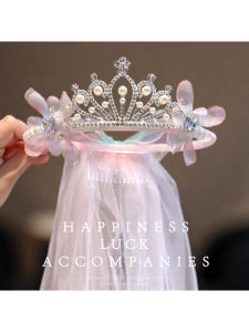 Princess Veil Bow Crown Birthday Headwear for Little Girls