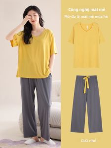 MiiOW | Bộ đồ ngủ Modal Ice Silk MiiOW mùa hè cho nữ Bộ đồ ngủ dài tay cổ chữ V màu trơn thường ngày thoải mái thoáng khí