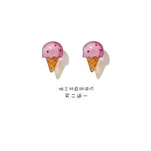 Summer Cartoon Young Girl Ice-Cream Cone Ice Cream S925 Sterling Silver Stud Earrings Sweet Cute Refreshing Non-Piercing Ear Clip Women