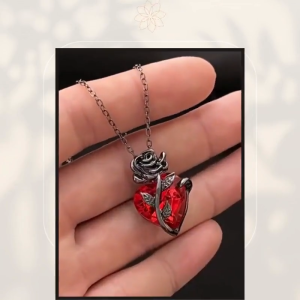 Gothic Ruby Heart & Rose Pendant Necklace – Vintage Gunmetal Statement Jewelry for Women