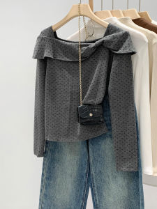 French Elegant Polka Dot Square Collar Slim Fit Base Shirt Womens Fashion T-Shirt Small Top Commute Style Long Sleeve