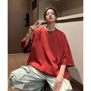 Deep Grey American Retro Mens T-shirt Summer Printed Suede Short Sleeve Oversize Neutral Style round Neck Casual Top