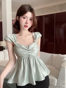 GUZILIAN | French Elegant Sweet Design Strap Top Korean Version Knot Waist Short Womens Shirt Commute Style Slimming Pure Color