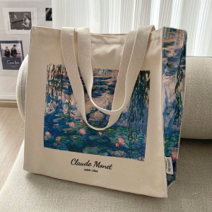 Andcici @ Museum Monet Water Lily Oil Painting Canvas Bag Men and Womens One-Shoulder Large Capacity Shopping Bag Student Schoolbag