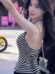 chaqi | Áo ba lỗ không tay ôm vừa vặn cổ treo màu khối kẻ sọc hở lưng cho nữ mùa hè Áo ba lỗ gợi cảm mặc trong và ngoài