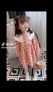 ชุดเดรสเด็กผู้หญิง ชุดเดรสกระโปรงลายจุดสีแดงอิฐ/สีแอปริคอท สไตล์เกาหลีน่ารักๆแบบใหม่ล่าสุด เหมาะกับเด็กวัย (อายุ 3-8 ปี ส่วนสูง 90-130 ซม.)