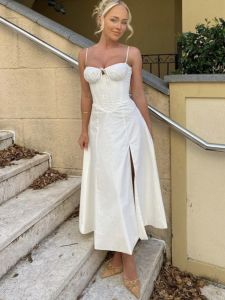 French Vintage White Chiffon Slim Long Strapless Dress Summer Knee-Length Floral Waist-Cinched Asymmetrical A-Line Skirt