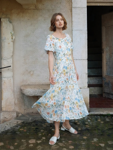 INMAN | Lycell French Style Floral Puffed Sleeves Women Long Dress