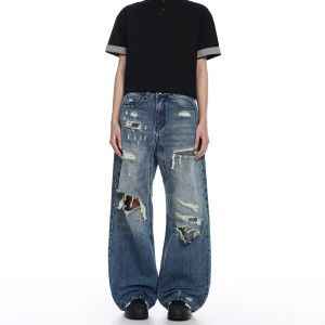 Woostop | American Vintage Hole Ripped Loose Straight Denim Pants