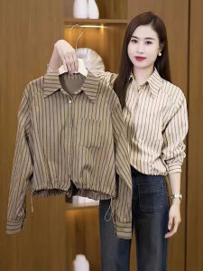 เสื้อเชิ้ตผู้หญิงทรงสั้นลายทาง ทรงหลวม แขนยาว คอกลม เส้นใยโพลีเอสเตอร์ สไตล์เกาหลี แฟชั่นฤดูใบไม้ผลิและฤดูใบไม้ร่วง