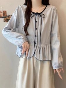 Áo Sơ Mi Nữ Tay Dài Màu Tương Phản Kiểu Pháp Áo Cánh Thắt Nơ Áo Ngắn Áo Cánh Xếp Ly Dáng Rộng Polyester Mùa Thu