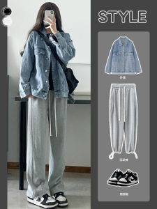 Gray Fleece Lined Trousers Womens Spring Autumn American Style Cuffed Sweatpants Winter Wide Leg Pants High Waist Long Cotton Blend