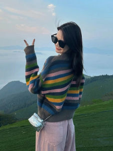 Color Blocking Striped V-neck Knit Sweater Cardigan Female Autumn Spring