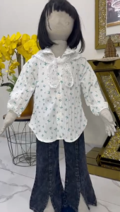 Setelan Alana Katun Plisket Untuk Anak Perempuan Usia 3-12 Tahun | Pakaian Anak Cewek Baju Kemeja Lengan Panjang Serut Motif Full Kombinasi Krah Rempel Brukat Kombinasi Celana Jeans Washing Model Cutbray Belah | Baju Anak Viral Model Terbaru