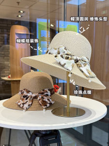 Womens Summer Straw Hat 2025 New Pearl Butterfly Knot Sash Beach Vacation Sun Protection Hat Versatile Casual Style Hat