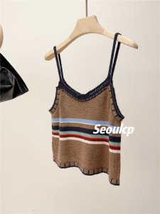 Seoulcp Womens Knitted Stripe Color Block Tank Top Short Style Outerwear Layering Top Korean Version Slim Fit Backless Design
