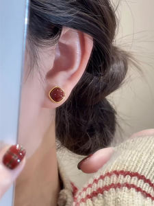 925 Silver Needle Square Red Earrings Retro Hong Kong Style Small Elegant Autumn Winter Fashionable Jewelry for Women