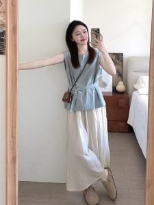 VKSOD | Korean Lazy Style Belted Waistless Sleeveless Top Womens Summer Casual High Waist Wide Leg Pants Two-Piece Set