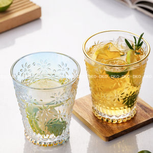 Adorable Glass Cup Embossed Drinkware for Women Home Use Fruit Juice Beverage Cup Country Style round Shape 350ml Capacity