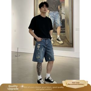 OUMULONG | Vintage Blue Ripped Distressed Mid-length Denim Shorts for Men