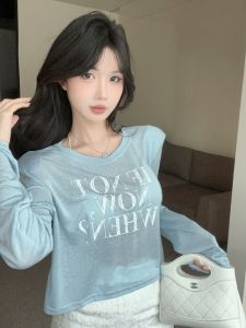 GUZILIAN | American Style Hot Girl Fashion Letter Print Long Sleeve Top T-Shirt Summer Thin Semi-Transparent Meat Conceal Slimming Sun Protection Cover Up