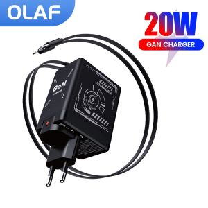 Foldable EU/US/UK Plug GaN Phone Charger with Retractable Type C to Lightning/Type C Cable Fast Charging Chargeur For Iphone