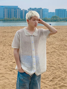 Summer Cut Out Knitting Shirt Mens Short Sleeve American Retro Old Money Style Wear Clean Fit Casual Loose Jacket