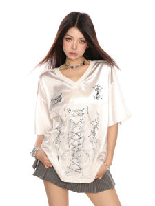 Ballet Style Satin Lace Trimmed Slim Fit Short Sleeve T-Shirt