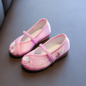 Handmade Embroidered Shoes Soft Bottom Baby Hanfu Shoes Girls Childrens Traditional Chinese Style Footwear Comfortable Cotton Cloth