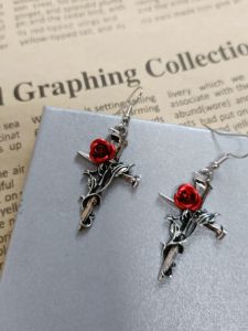 Hoa Tai Hình Thánh Giá Bằng Bạc 925 Kiểu Gothic Punk Màu Đỏ Hoa Hồng Hạt Cườm Phụ Kiện Thời Trang Cho Nữ Đồ Trang Sức Hợp Kim