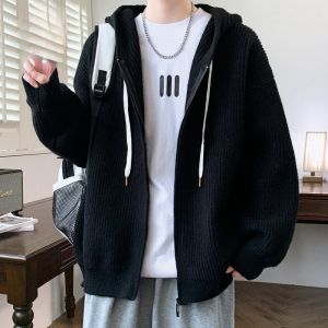 ROMON | Lomond Mens Hooded Open Cardigan Sweater Winter Thickened Warm Casual Loose Knitted Zipper Sweatshirt Jacket