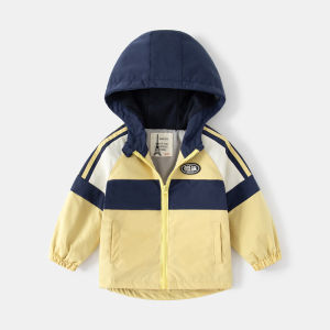 เสื้อแจ็คเก็ตเด็กชายฤดูใบไม้ร่วง/ฤดูหนาวแบบมีฮู้ด ขนนุ่มบาง เสื้อกันลมสำหรับเด็ก เสื้อแจ็คเก็ตผ้าฝ้ายผสมแบบมีแถบสีตัดกัน