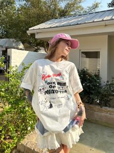 เสื้อยืดคอกลมแขนสั้นผ้าฝ้ายแท้พิมพ์ลายแมว Tagkita สำหรับผู้หญิง สไตล์ลำลอง ฤดูร้อน 2025 คอลเลกชั่นใหม่