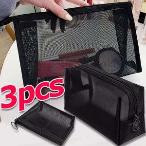 🔥Hot🔥3Pcs Black Grey Mesh Cosmetic Bags S/M/L Transparent Makeup Cosmetic Tools Box Cases Portable Travel Storage Organizer Pouch Pencil Bag