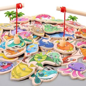 Wooden Magnetic Fishing Toy Set for Kids Montessori Educational Toy Marine Animal Game Toddler Learning Hand-Eye Coordination