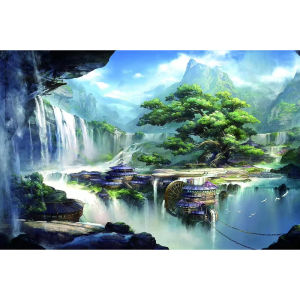 Oriental Waterfall Ancient Pavilion Pine Tree Jigsaw Puzzle Clear Lake Traditional Chinese Fantasy Landscape Wall Decor Gift