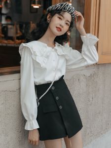 Áo sơ mi trắng MUTU kiểu tay bồng cổ cánh sen phong cách Hàn Quốc