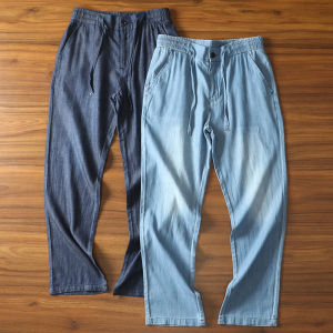 กางเกงยีนส์ทรงตรงผ้าฝ้ายแท้บางระบายอากาศได้ดีสำหรับผู้ชายในช่วงฤดูร้อน กางเกงขายาวทรงหลวมเอวยางยืด