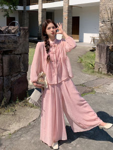 Pink Sweet New Chinese Style Holiday Wind Sun Protection Shirt Slimming Strap Casual Wide Leg Pants Three-piece Set Women Summer New