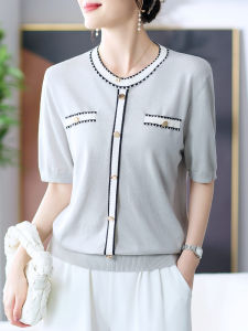 Fashionable Ice Silk Knitted Short Sleeve T-Shirt for Middle-Aged Mothers Summer New Style round Neck Loose Fit Polyester Blend
