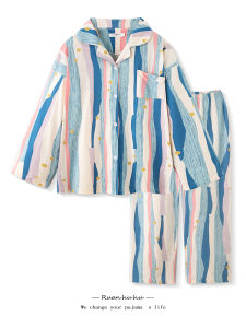 2025 New Colorful Striped Long Sleeve Womens Sleepwear Pure Cotton Fabric Spring Autumn Home Clothes Comfortable Soft Cotton Pajamas