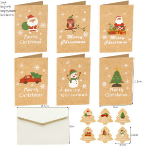 6Sets Christmas Greeting Cards Vintage Kraft Gift Card with Envelope & Sticker Santa Claus Reindeer Assorted Holiday Postcard