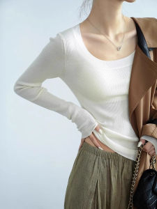 chaqi | Elegant Black U-Neck Knitted Base Shirt Womens Autumn Winter Long Sleeve Slim Fit Soft Sweater Inner Wear Chic Beautiful Top