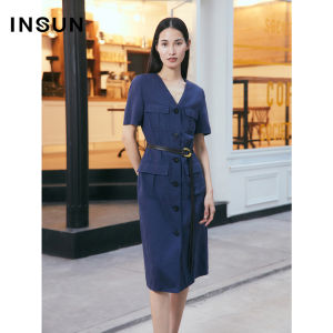 Insun Summer Workwear Style V-Neck Cotton Linen Dress Casual High Waist H-Shape Midi Skirt Single Button Closure Short Sleeve