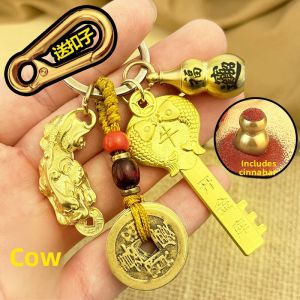 Bronze Dragon Year Key Keychain Lucky Charm Car Ornament Wealth Attraction Feng Shui Gourd Shape Metal Keys Holder Creative Gift