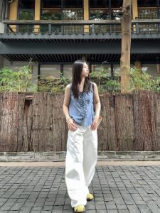 VKSOD | ชุดเสื้อเชิ้ตแขนกุดลายทางคอวีและกางเกงขายาวผู้หญิงสไตล์เกาหลี ชุดสองชิ้น ฤดูร้อน 2025 วัสดุอื่นๆ 100%