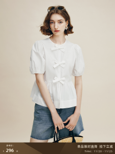 French Romantic Butterfly Knot Shirt 100% Cotton Bubble Short Sleeve Womens New Style Casual Fashion Bubble Sleeve Top